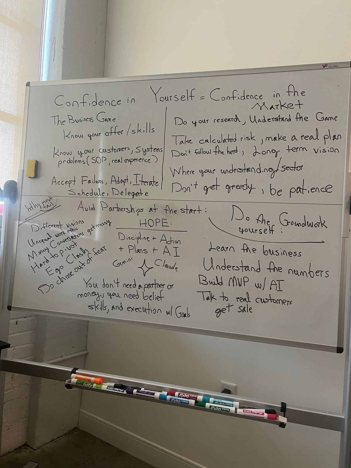 Whiteboard notes for Ask Keith Anything live AI business and investing coaching