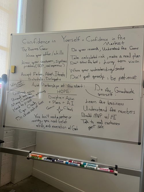 Whiteboard notes for Ask Keith Anything live AI business and investing coaching