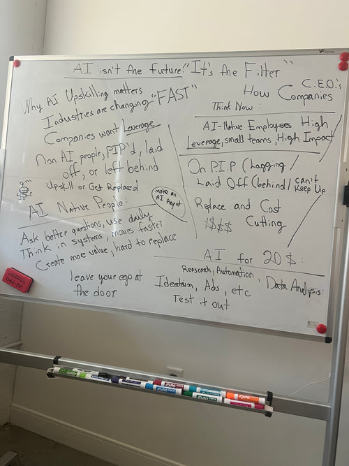 Whiteboard notes on practical AI upskilling and business leverage