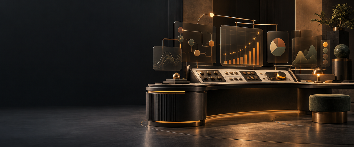 Abstract operator console connecting AI workflows, business strategy, and investing analysis